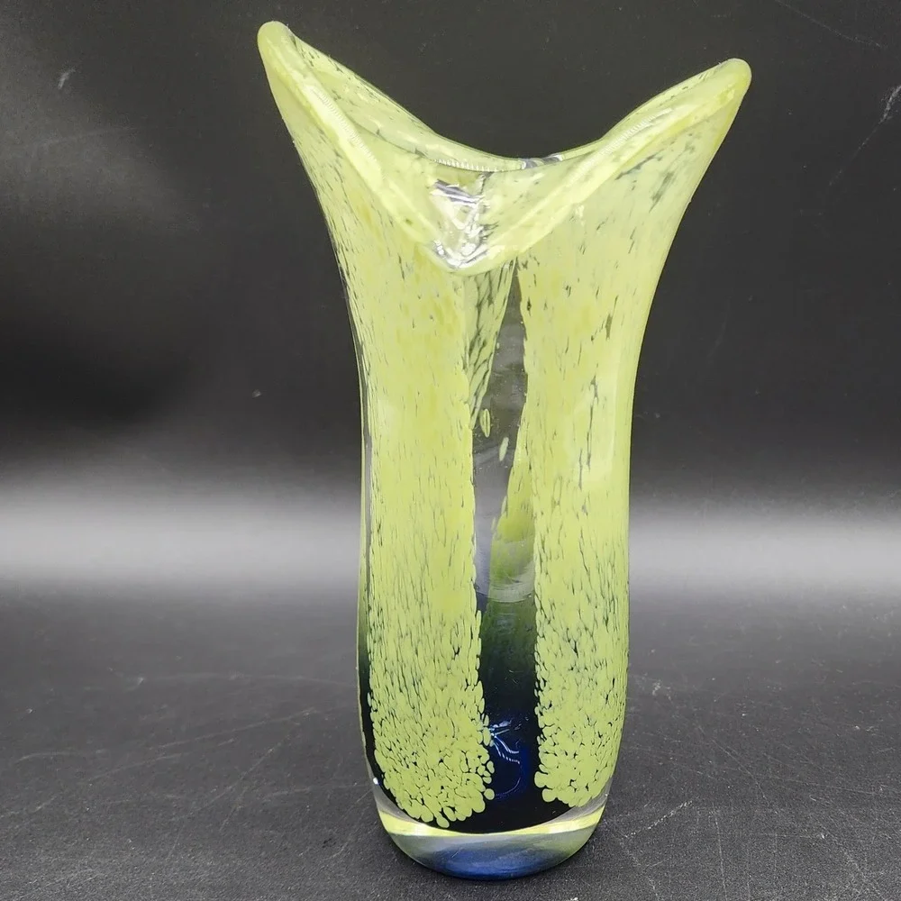 Vintage Yellow Blue Art Glass Tulip Vase Hand Blown MCM Retro Decor Gift